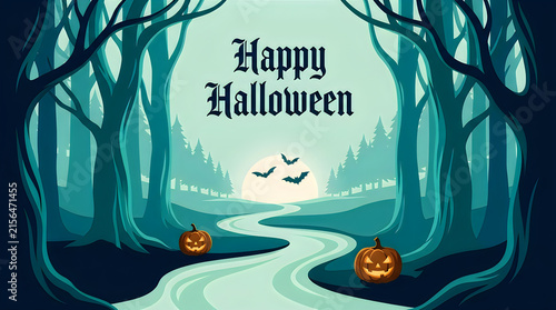 Spooky Halloween forest background, eerie night landscape with pumpkins and bats, gothic Happy Halloween greeting card isolated on White Background