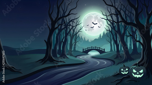 Spooky Halloween forest landscape, dark night woods with full moon and river, creepy jack o lantern pumpkins background isolated on White Background