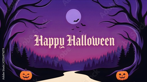 Spooky Happy Halloween banner with creepy forest, purple night sky with full moon, scary trees and jack o lantern pumpkins isolated on White Background