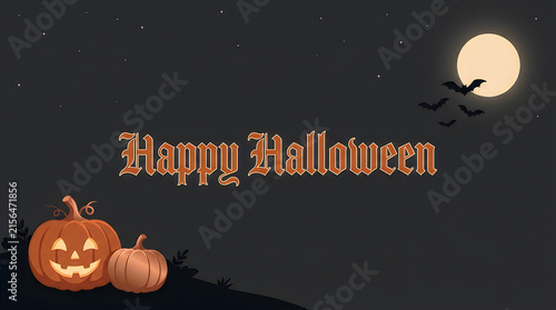 Spooky Happy Halloween banner, dark night background with full moon and bats, festive jack o lantern pumpkins isolated on White Background