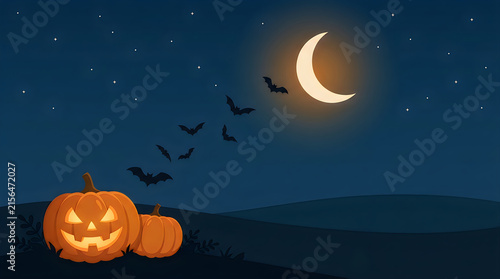 Spooky Halloween night background, glowing jack o lantern pumpkins, flying bats under crescent moon isolated on White Background