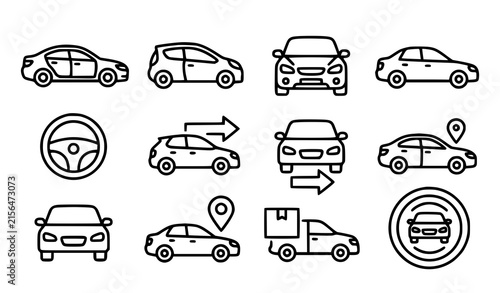 Cuadro en lienzo Car Automobile Driving Traffic and Delivery Black White Vector Icon Set