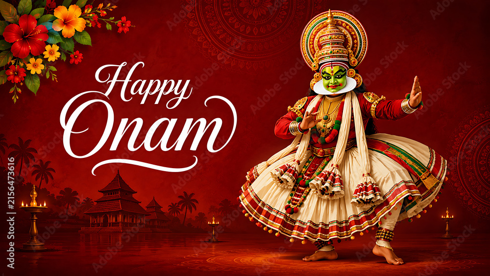 Obraz premium Traditional kathakali dancer performing gracefully against red background for happy onam south indian festival in kerala featuring floral designs and ancient temples