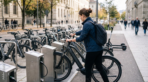 Woman unlocking bicycle at urban bike share station