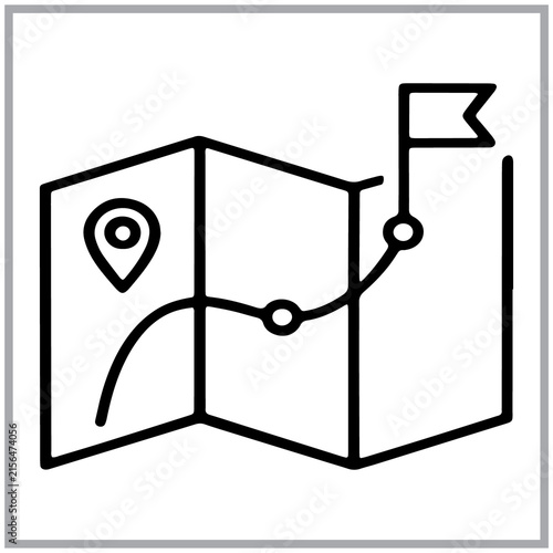 Simple line icon of a folded paper map with a travel route path and a destination flag marker showing a location pin for navigation and tourism planning
