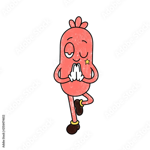 Obraz na plátně Cute hand-drawn cartoon character practicing yoga in a playful doodle style, with textured vintage coloring and a whimsical expression