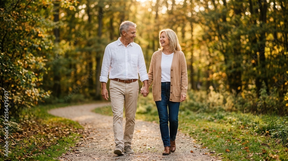 Fototapeta premium Happy senior active caucasian couple holding hands while walking in an autumn park.