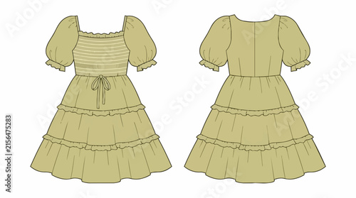 Women's Sage Green Smocked Bodice Mini Dress with Short Puff Sleeves and Tiered Ruffle Skirt Fashion Flat