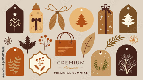 A collection of illustrated gift tags showcases botanical and geometric designs in muted earth tones paper illustration shapes palette