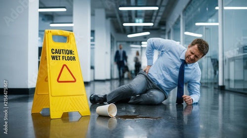 A man suffers a slip and fall accident near a yellow caution wet floor sign in an office.