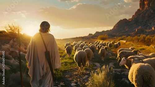 Shepherd leading a flock of sheep through a sunny, grassy valley