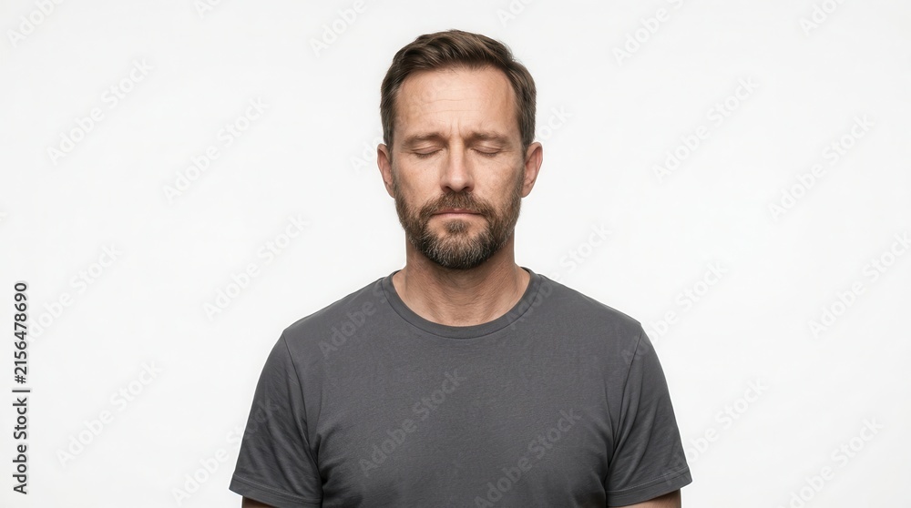Obraz premium Studio portrait of a middle-aged Caucasian man with a beard and closed eyes on white background.