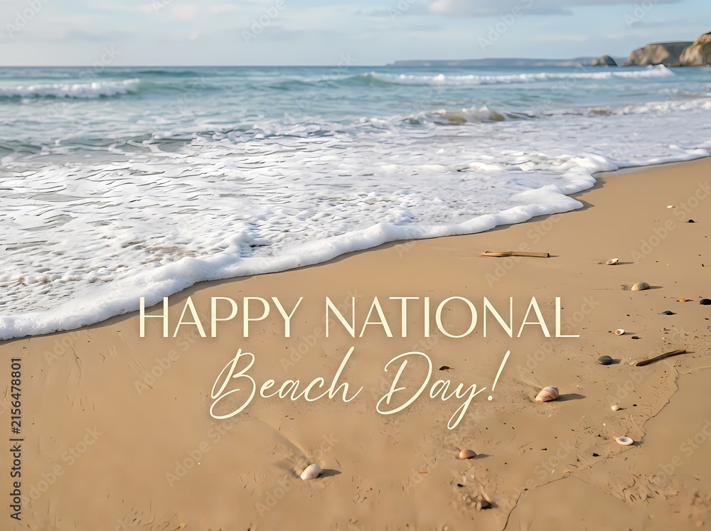 Fototapeta premium Happy National Beach Day Foamy Waves Sandy Shore Seashells Photo
