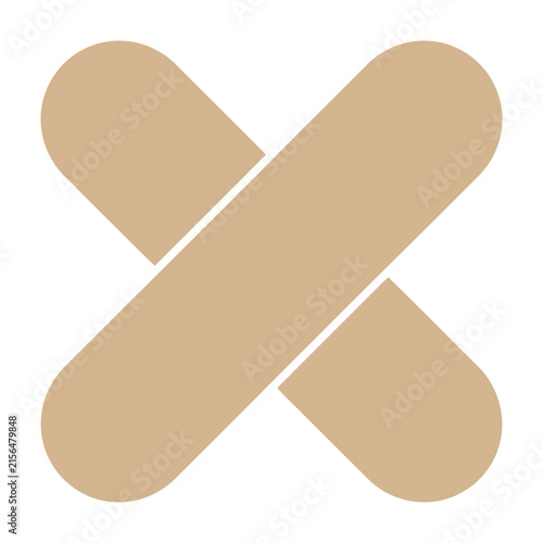 Beige medical band aid crossed over itself on white background