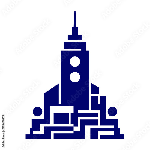 Blue cityscape with skyscraper and people
