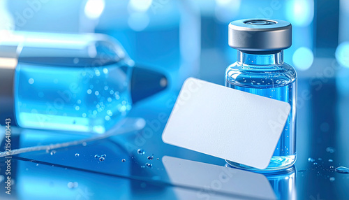 Medical Breakthrough: A close-up view of a sterile blue liquid in a vial and ampoule, with a blank white label ready for information. Evokes a sense of scientific advancement and pharmaceutical care.