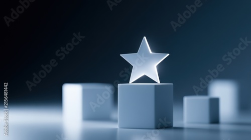 A single glowing star sits atop a pedestal, illuminated against a dark, minimalist background. The star's shine and central position suggest excellence and achievement.