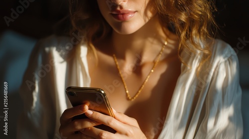 Close-up of young woman hands holding smartphone in warm sunlight mood