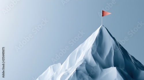 A red flag planted firmly at the summit of a snow-capped mountain, symbolizing achievement and a successfully reached goal