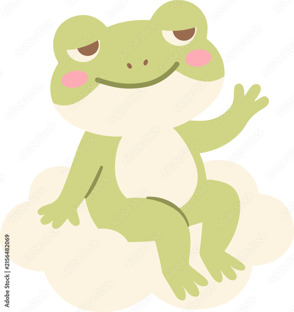 Fototapeta premium Cute Kawaii Light Green Frog Sitting White Cloud Waving, Big Eyes Pink Cheeks Smiling Happy Toad, Friendly Funny Amphibian Animal Character Single Object Isolated Minimalist Flat Design Style Art