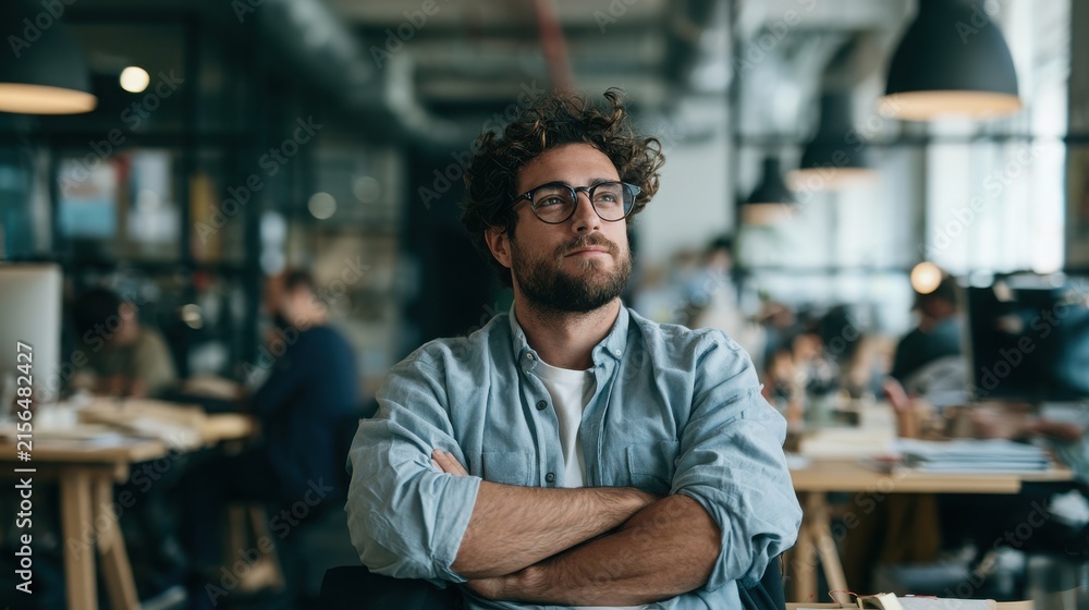Obraz premium Thoughtful young businessman wearing glasses sits with arms crossed in an open plan office with cool ambient lighting.