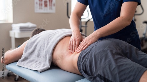 Physical therapy session with therapist performing manual therapy on male patient lower back for pain relief in clinic setting