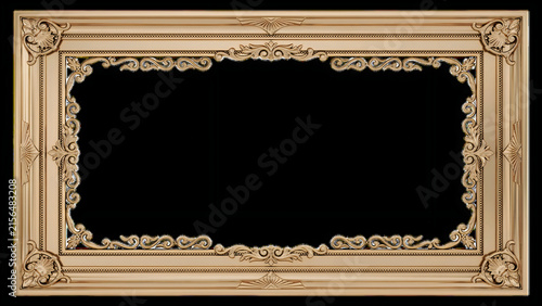 Ornate gold picture frame with intricate baroque carvings, vintage decorative border isolated on black background