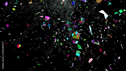 A dynamic 3D simulation animation showing colorful confetti drifting down and bouncing around as it follows the laws of gravity, viewed from below 3d physics render.