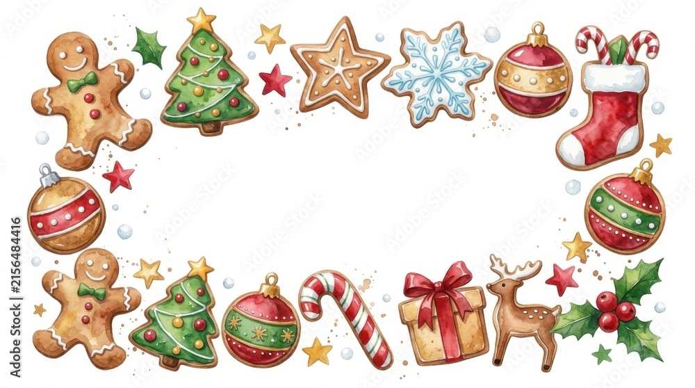 Fototapeta premium Watercolor Christmas Border with Gingerbread and Holiday Ornaments