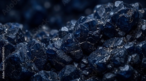 Dark blue crystal texture background with sharp geometric facets and reflective surfaces.