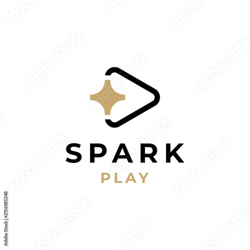 Spark Play Logo Design Vector with Play Button Icon and Gold Star Concept for Multimedia streaming