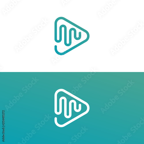 A modern line art logo design vector combining a play button triangle with sound wave audio waveforms and stylized community figures. Ideal for music streaming platforms, podcast channels