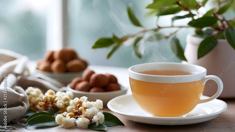 Fototapeta premium A steaming cup of tea sits beside bowls of longan fruit and delicate white blossoms under soft natural light