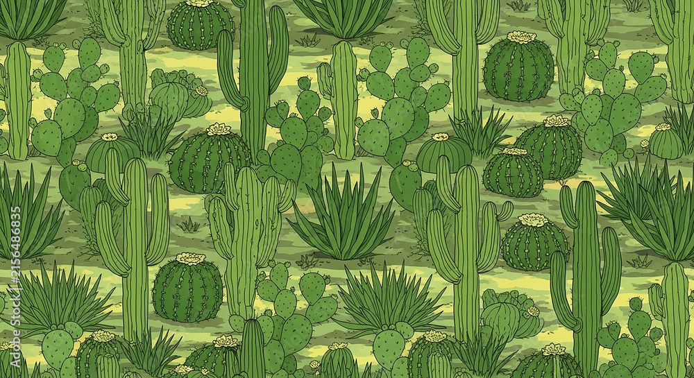 Seamless pattern of various green cacti species in a repeating illustration design