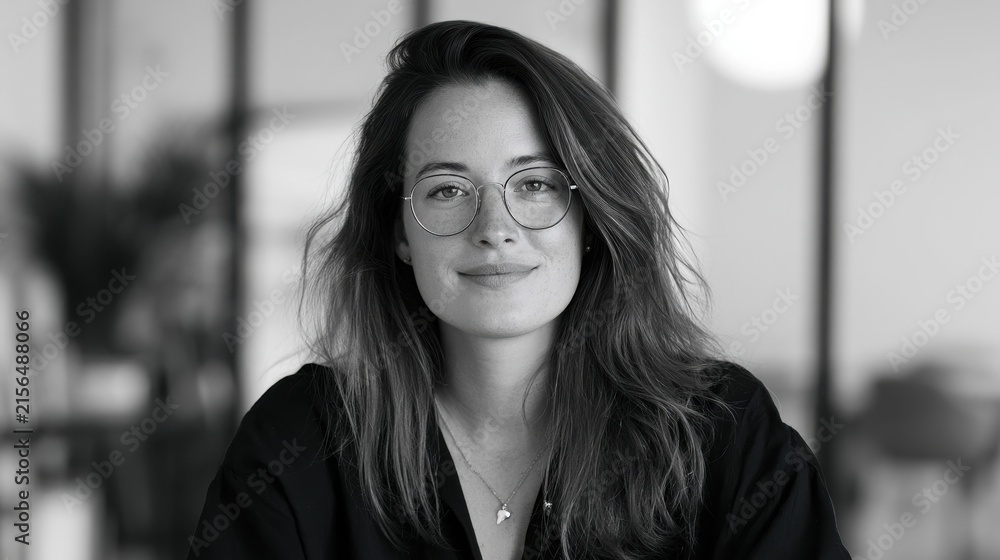 Fototapeta premium Woman wearing stylish wire-rim glasses smiles softly while sitting indoors in a brightly lit modern office space.
