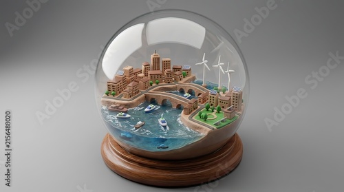 Miniature City Inside a Glass Snow Globe Displayed on a Clean Background for Urban Concept and Travel Design