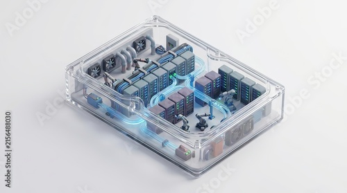 Miniature futuristic data center server room inside transparent hard drive enclosure on white background for technology concept