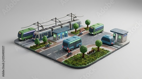 Eco friendly public transportation system 3d model with electric buses, tram, and charging stations on white background