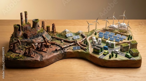 Diorama model contrasting traditional fossil fuels and clean renewable energy transition on wooden table for climate change concept