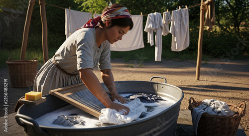 A woman is washing clothes by hand in a large basin outdoors, while other clothes are drying on a clothesline in the background.