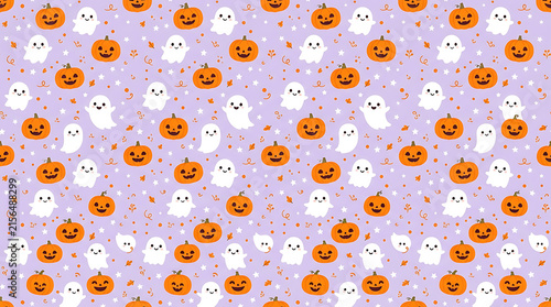 Seamless halloween pattern with ghosts and jackolantern pumpkins