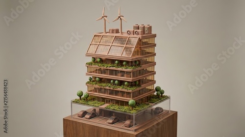 Sustainable Architectural Model of a Green Building Standing on a Wooden Pedestal with Wind Turbines and Solar Panels for Eco-Friendly Urban Planning Concepts