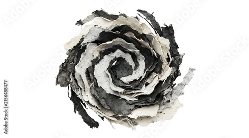 Abstract black and white flower shape with swirling petals in a artistic sketch style illustration