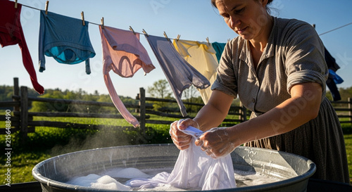 A woman is washing clothes by hand in a large basin outdoors, while other clothes are drying on a clothesline in the background.