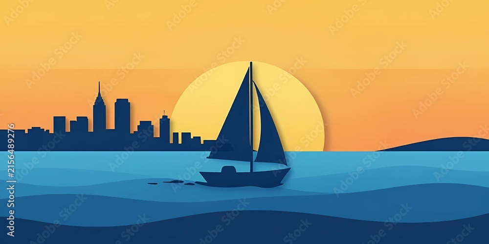 Naklejka premium Paper cut style sailboat sailing on sea with city skyline sunset background