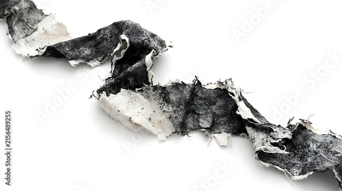 Long diagonal strip of black dark paper with rough torn edges showing texture and jagged fiber details