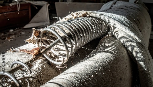 Close-up of a damaged, broken spring inside a derelict sofa in an abandoned room, showing decay and neglect