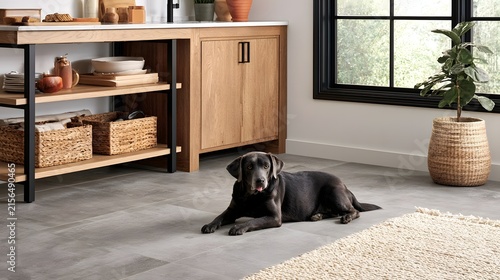 A black Labrador dog rests on a gray tiled floor near a wooden kitchen island and large window