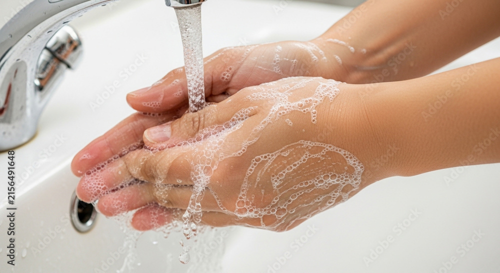 Fototapeta premium a person washes his hands using soap and running water under the sink faucet