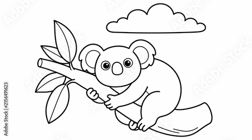 Simple cartoon koala clinging to a tree branch coloring page illustration.